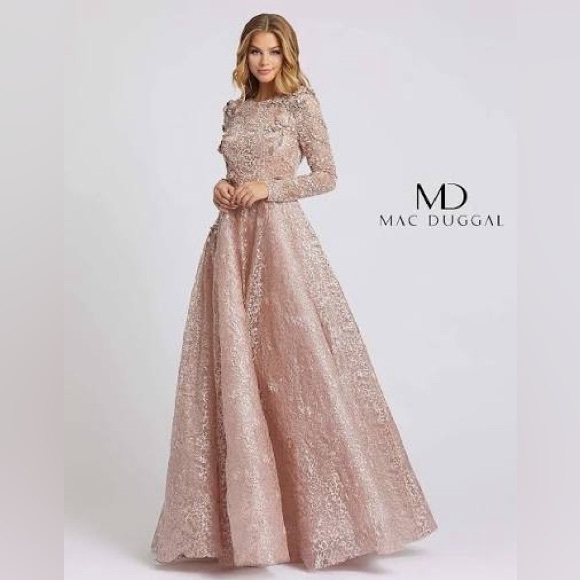 Mac Duggal Embroidered Illusion High Neck Long Sleeve A Line Gown 1121 - Picture 4 of 5